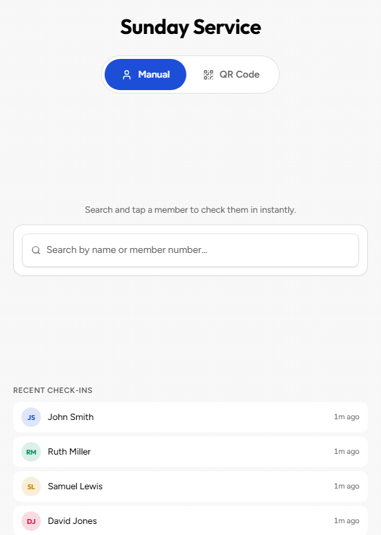 The check-in kiosk for Sunday Service: a search box to find a member, and the most recent check-ins.